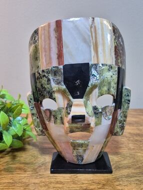 HANDCRAFTED Multicolor Polished Stone & Abalone Mosaic Mask Art Sculpture